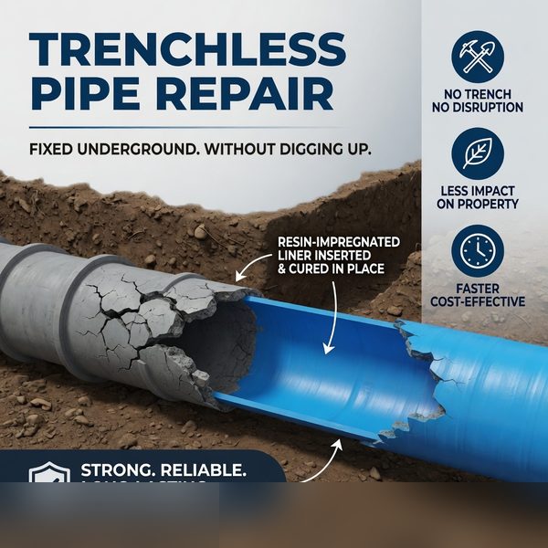 Epoxy pipe lining showing cracked old pipe vs new smooth liner in Stonebriar